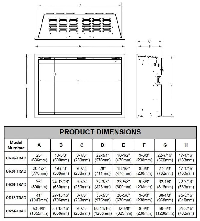 Modern Flames Orion Traditional electric fireplace dimensions diagram