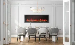 Napoleon Astound electric fireplace in dining room on white wall facing long dining table with four white and grey chairs.