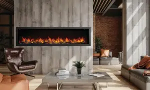 Napoleon Astound electric fireplace in concrete partition separating living spaces with light brown floor, congac, brown, and taupe furnishings