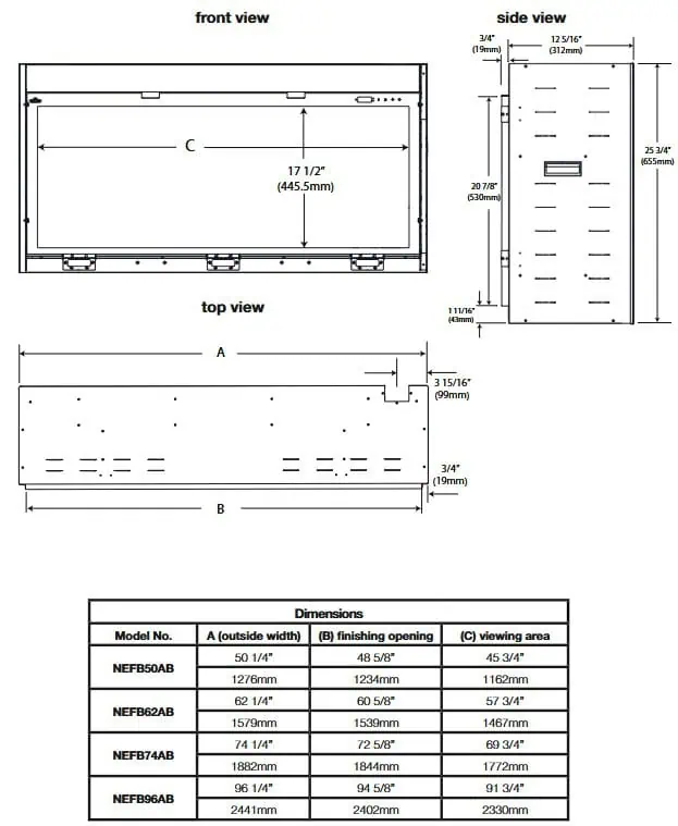 Napoleon Astound electric fireplace dimensions diagram