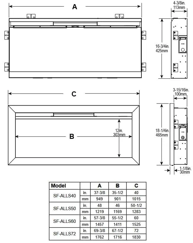SimpliFire-Allusion-Slim-dimensions SimpliFire Allusion Slim electric fireplace dimension diagram