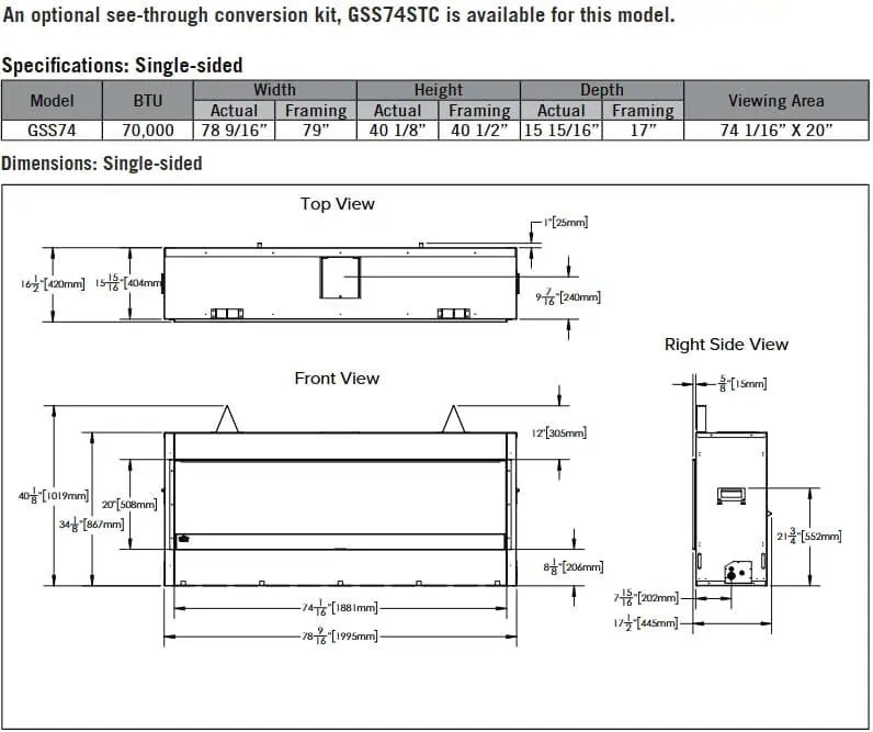 GSS74NE specifications and dimension diagrams