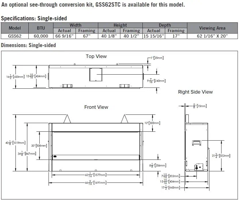 GSS62NE specifications and dimension diagrams