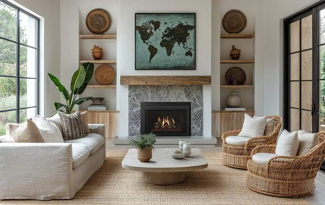 Majestic Ruby Platinum gas fireplace insert with black surround in black and white marble fireplace with medium oak wood beam mantel