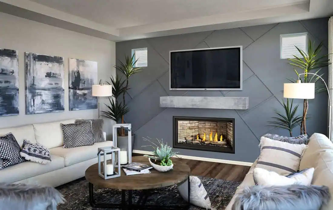 Napoleon Ascent Linear Premium 42 gas fireplace shown burning with optional ledgerock panels and driftwood on gray living room wall.
