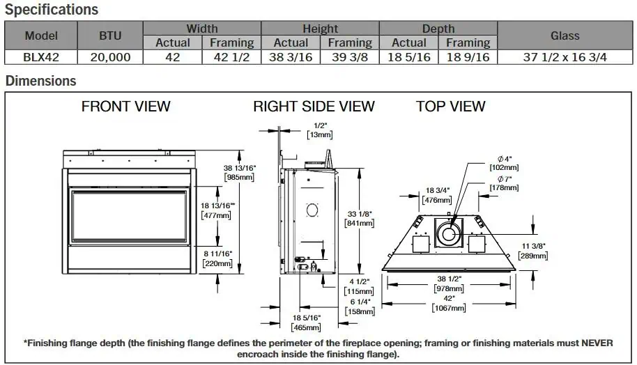 Napoleon BLX42 specifications and dimensions diagram