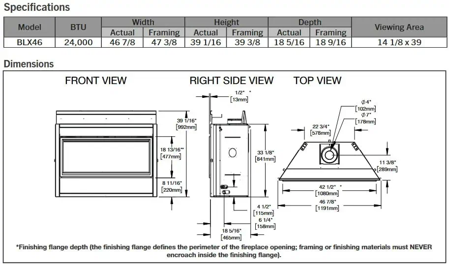 Napoleon BLX46 specifications and dimensions diagram