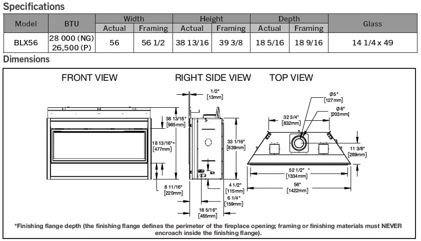 Napoleon BLX56 specifications and dimensions