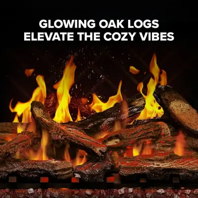 Glowing oak logs elevate the cozy vibes.