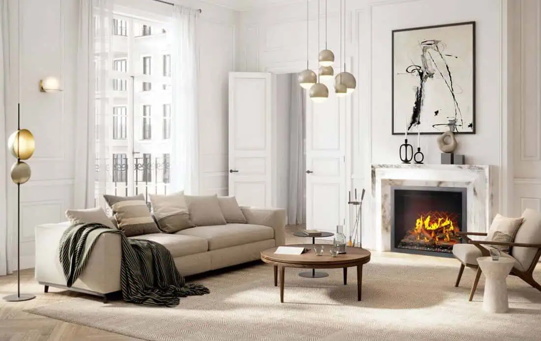 Napoleon Elevation 42 electric fireplace shown in traditional white living room set in a marble mantel surround, tall windows, beige sofa, wood coffee table on beige rug