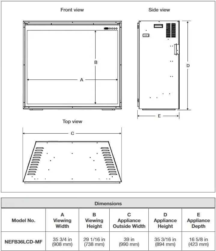 Napoleon Elevation X electric fireplace dimensions diagram