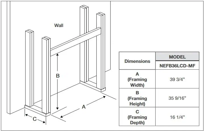 Napoleon Elevation X electric fireplace framing diagram