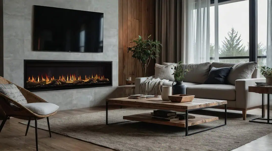 SimpliFire-Allusion-Edge-78-Timber-Logs-Signature-Flames-main Image of Majestic Allusion Edge Electric Fireplace shown in living room on tiled wall with windows to the right