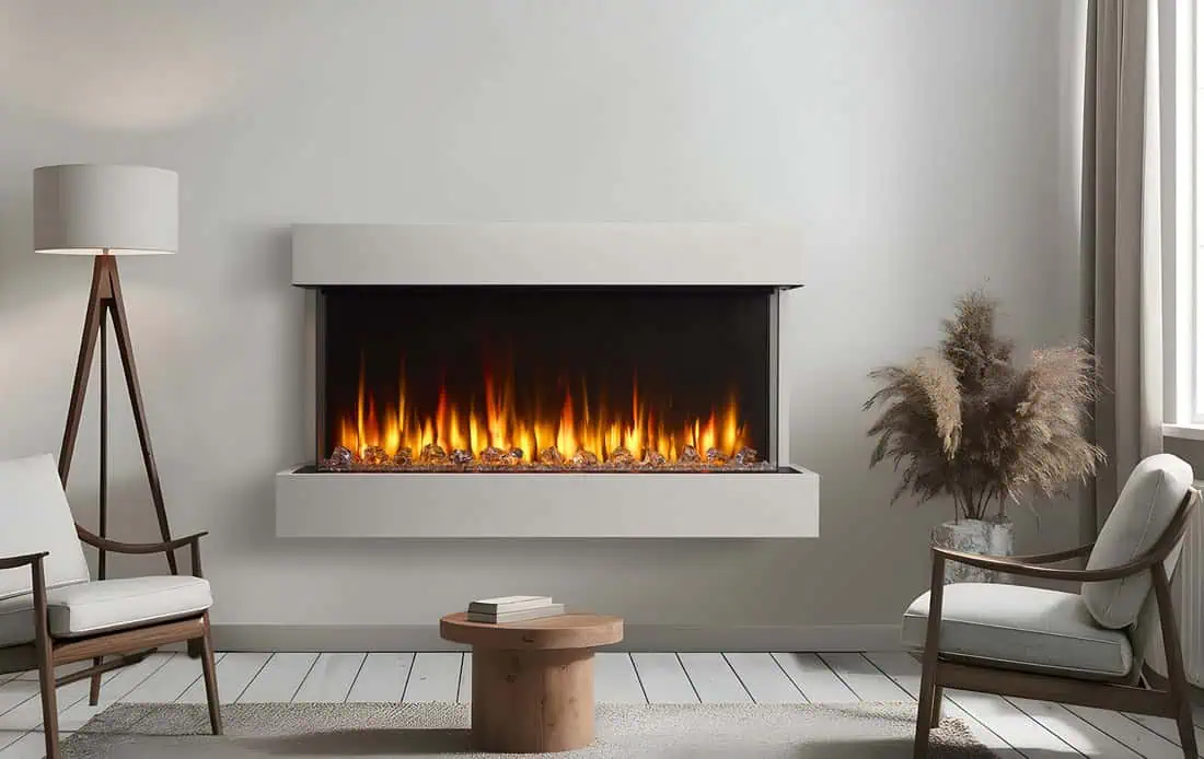 SimpliFire Triton 50 hung on white living room wall with optional floating mantel