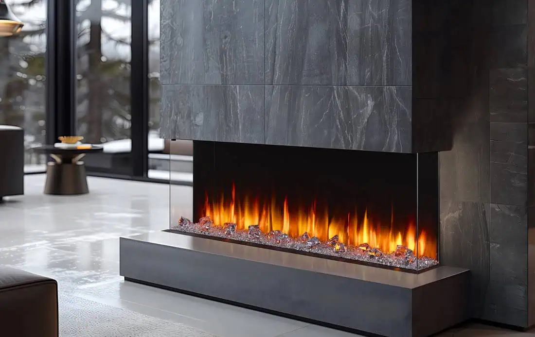 SimpliFire Triton 65 installed in gray marble as a three-sided bay fireplace with clear crystal media and orange flames, large windows to left with snow and trees