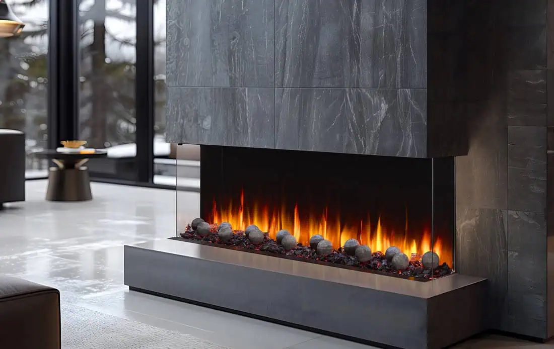 SimpliFire Triton 65 installed in gray marble as a three-sided bay fireplace with 3-inch gray decorative spheres, black glass embers, and orange flames, large windows to left with snow and trees