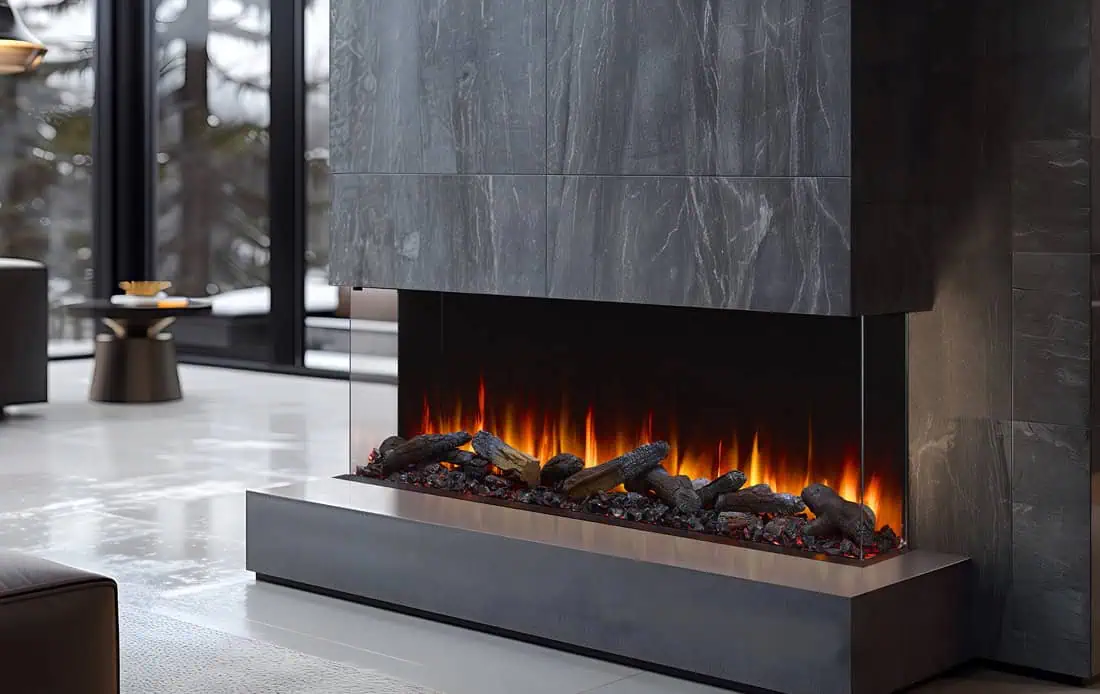 SimpliFire Triton 65 installed in gray marble as a three-sided bay fireplace with timber logs, black glass embers, and orange flames, large windows to left with snow and trees