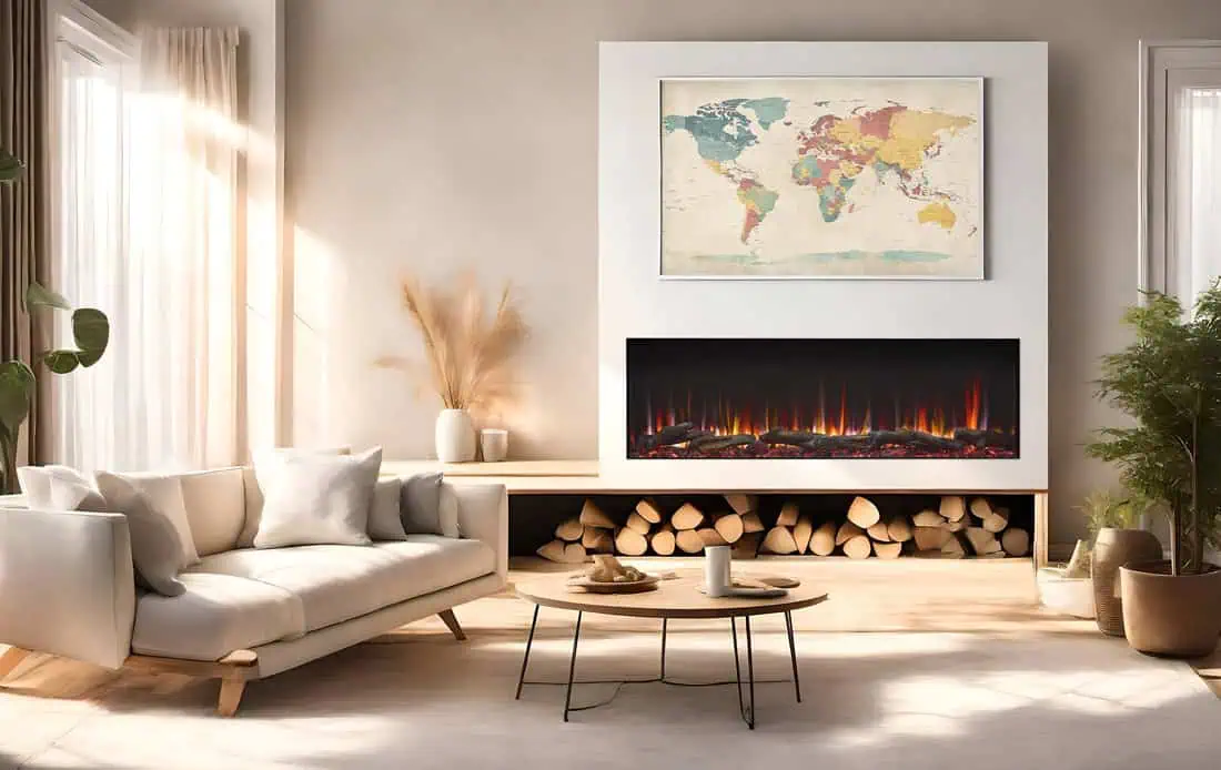 SimpliFire Triton 65 in living room on beige wall with world map above and wood box below