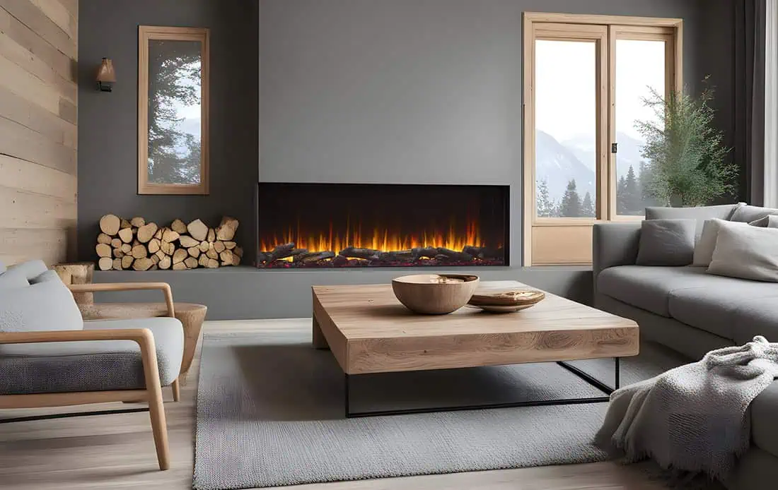 SimpliFire Triton 78 in living room on gray wall installed with two-sided left corner views.