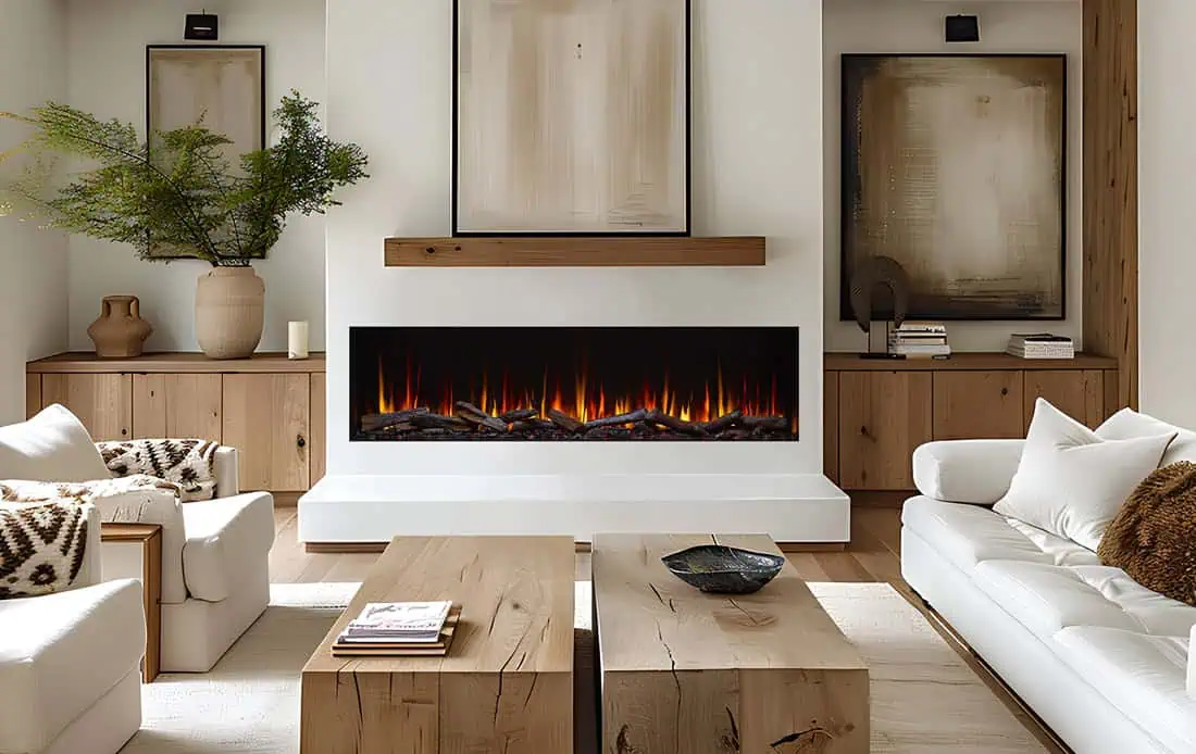 SimpliFire Triton 78 in living room on white wall with beige abstract art on timber shelf mantel above the fireplace.