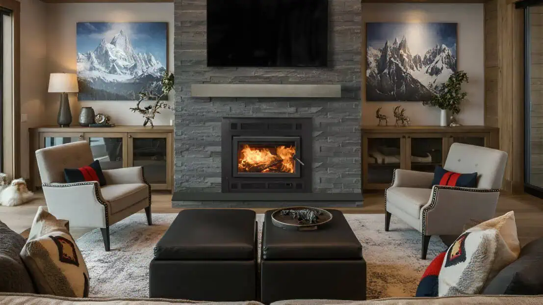 Majestic Pioneer II wood burning fireplace with rectangular door surrounded by grey stone in living room with taupe side chairs