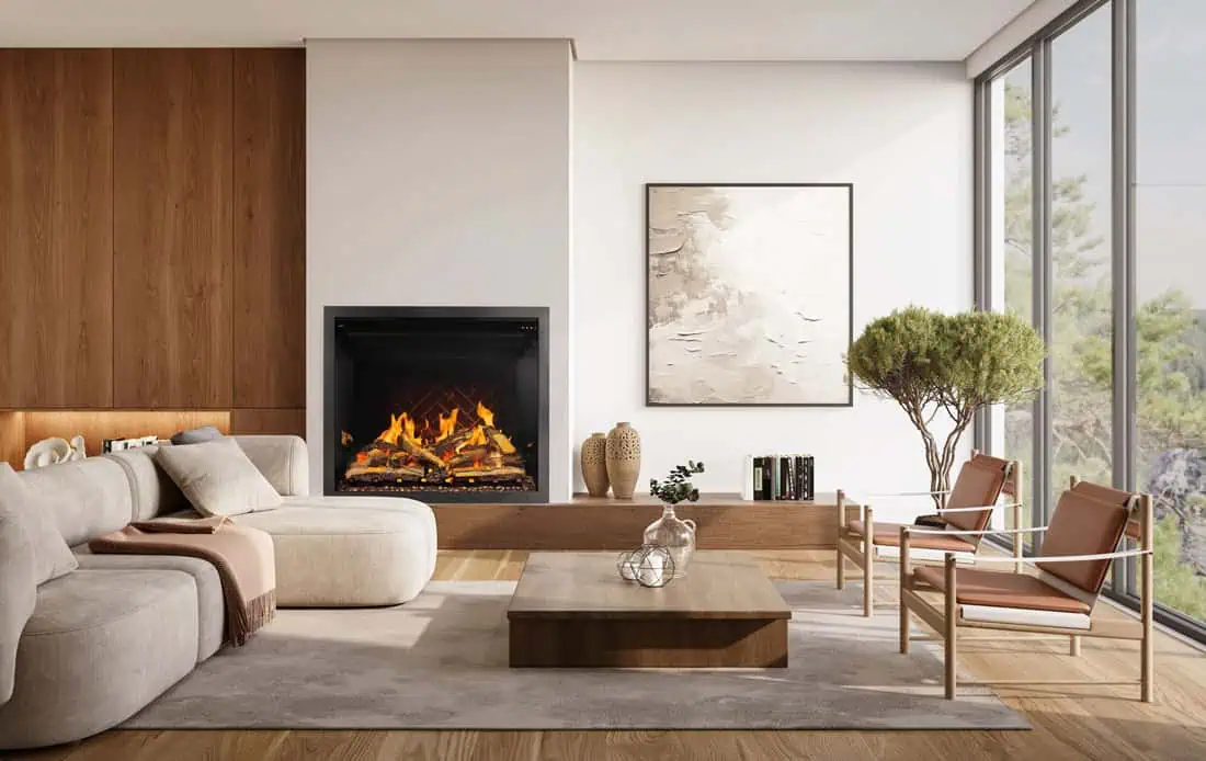 Napoleon Elevation X 42 electric fireplace in modern living room with floor to ceiling windows pale grey sofa and rug, wood hearth and low table