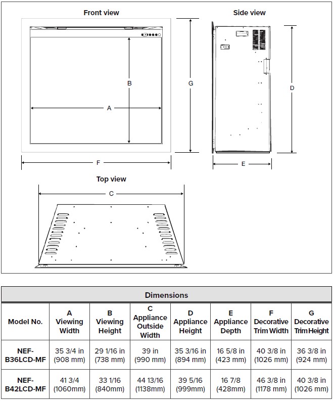 Napoleon Elevation X electric fireplace dimensions diagram