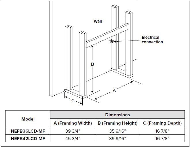 Napoleon Elevation X electric fireplace framing diagram