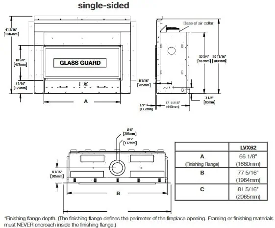 Napoleon LVX62 single-sided dimensions diagram