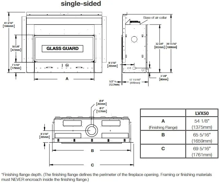Napoleon LVX50 single-sided dimensions diagram