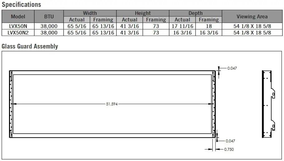 Napoleon LVX50 specifications and glass guard assembly diagram
