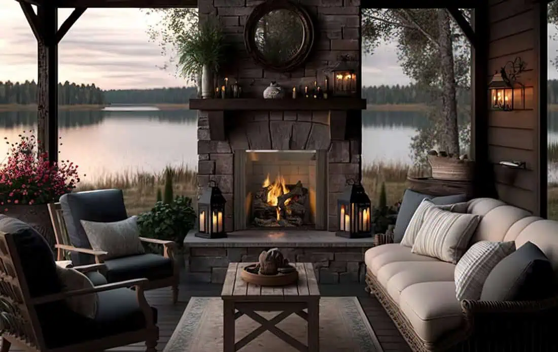 Majestic Castlewood 50 inch outdoor wood burning fireplace with stone surround in open patio wall facing lakeside view.