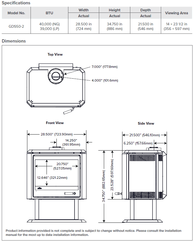 Napoleon Havelock Elite specifications chart and dimensions diagrams